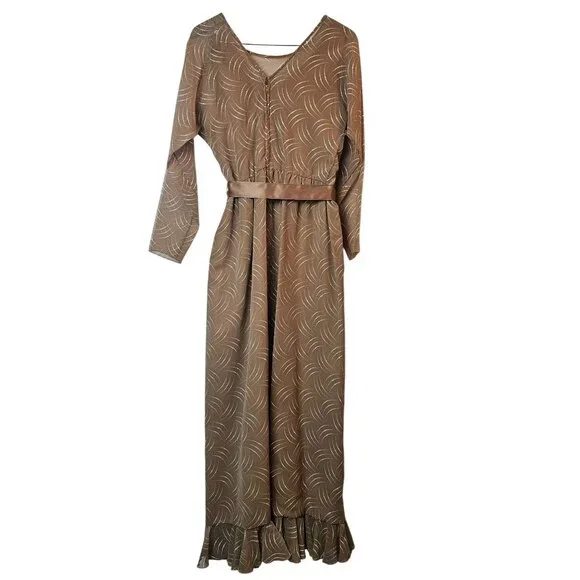 Vintage 1960's Kay Kipps New York Sheer Flowy Tan Polka Dot Evening Maxi Dress - Picture 6 of 10